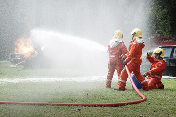 silhouette of Firefighters wear firefighting clothing with equipment. Learn skills and simulate firefighting events.