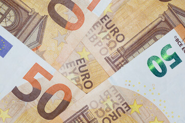 close up of fifty euro banknotes