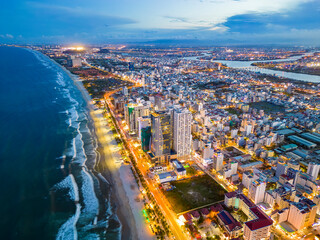 Naklejka premium Aerial view of Da Nang beach which is a very famous destination for tourists.