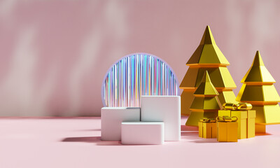 Christmas podium for branding and packaging presentation. Product display with gift boxes, Christmas showcase. Cosmetic and fashion. 3d rendering.