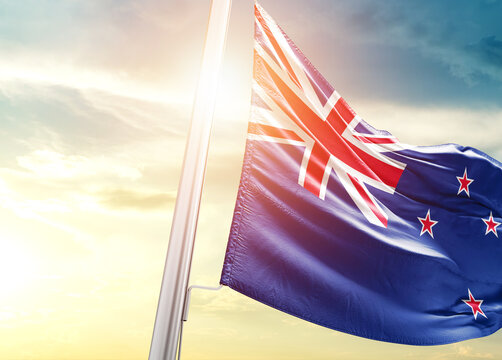 New Zealand national flag cloth fabric waving on the beautiful sunlight - Image
