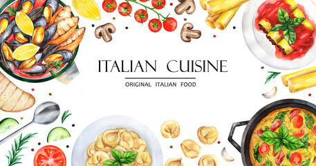 Italian cuisine top view frame. Menu design template