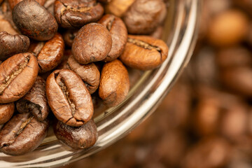 Roasted coffee beans scattered on the table and a small coffee cup.