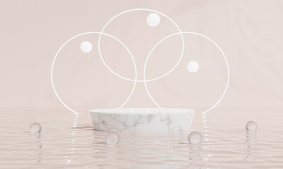 Podium on water and color or sky background advertising display. 3D rendering.