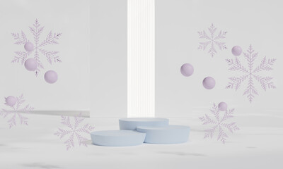 Christmas podium for branding and packaging presentation. Product display with gift boxes, Christmas showcase. Cosmetic and fashion. 3d rendering.