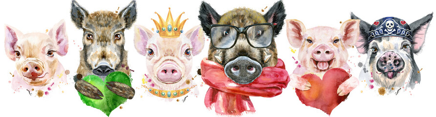 Border from pigs. Watercolor portraits of pigs and boars