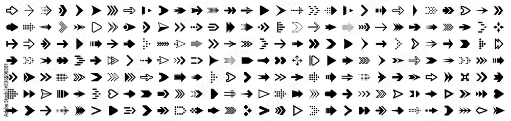 Poster Set arrow icons. Collection different arrows sign. Set different cursor arrow direction symbols in flat style. Black arrows icons – stock vector