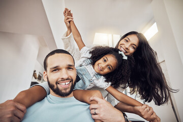 Relax, happy family and home portrait with child enjoying bonding leisure with Mexican parents. Love of caring mother and dad with excited daughter getting piggyback ride in Mexico house for fun.