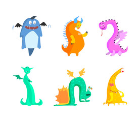Cartoon Monsters with Horns and Wings Having Smiling and Friendly Snout Vector Set