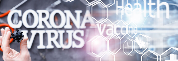 Double exposure. Medical background. Coronavirus wooden letters. Background of the deadliest pandemic virus in the world. Vaccine for the virus.