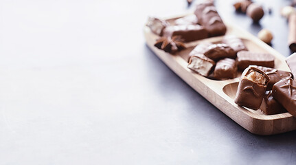 Chocolate bars on a black background in backlight. Chocolate with filling. Sweet sweets for snack and tea.