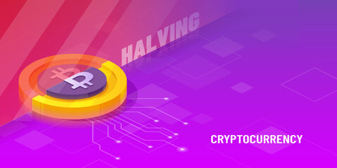 Halving. Software complication of cryptocurrency mining. Vector isometric artwork.