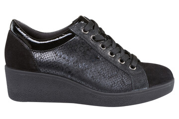 Black autumn women's shoes, with combination skin, an insert imitating a reptile, on a white background, isolate