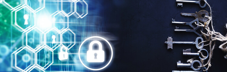 Set of vintage keys for a lock. Retro keys on a dark stone background. The concept of choosing the path to achieve the goal.