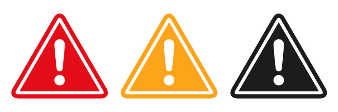 Warning, precaution, attention, alert icon, set exclamation mark in triangle shape – vector