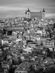 Toledo, Spain - January 5 2020: A black and white photograph of the Toledo Skyline