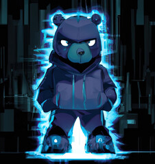 Cyberpunk Bear stands in a dark room dressed in a hoodie with his hands in his pockets. There is a bright glow around the bear.