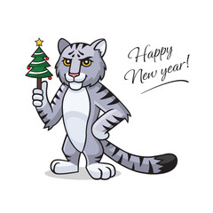 Fototapeta na wymiar Vector cartoon Cat. Character, mascot, symbol, sign of Chinese New year. Cat is holding in hand chistmas tree. Happy New Year lettering. Lunar new year, year of the cat postcard, illustration.