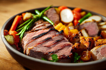 appetizing grilled Roasted pork with vegetables on a platter, 3d rendering