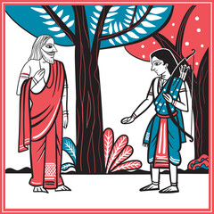 Fototapeta na wymiar Dronacharya teaches archery to his most beloved student Arjuna in his ashram