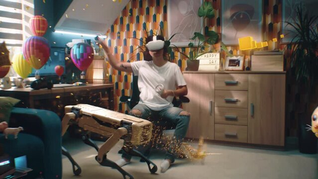 A man, being in a room, puts on a VR headset, connects to the metaverse, and various 3D holographic animated characters begin to appear around him, and he interacts with them using manipulators.
