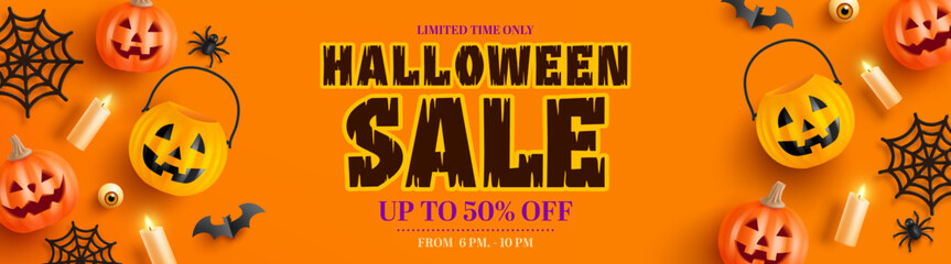 Halloween Sale Banner template with halloween pumpkin and Halloween Elements on orange background. Website spooky,Background or banner Halloween template