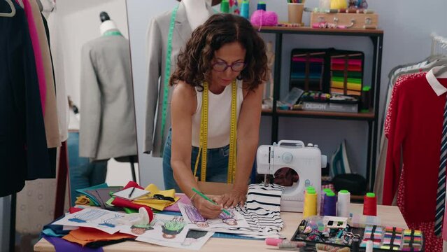 Middle age woman tailor drawing clothing desing on notebook at clothing factory