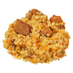 rice with meat and spices or oriental pilaf, on a white background