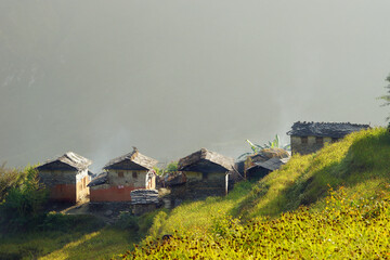 Rural life in Nepal - a nepali traditional houses in Muri village in Himalayas.
