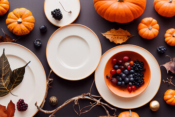 An idea for a beautiful fall setting for a family Halloween dinner. Sweets and pastries on the table. Orange pumpkin as decoration. Cozy autumn home atmosphere.