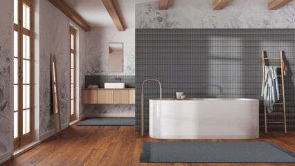 Japandi minimalist bathroom in white and gray tones. Freestanding bathtub and wooden washbasin. Farmhouse interior design