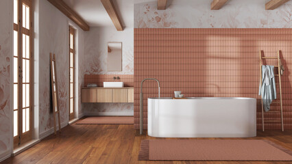 Japandi minimalist bathroom in white and orange tones. Freestanding bathtub and wooden washbasin. Farmhouse interior design