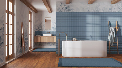 Japandi minimalist bathroom in white and blue tones. Freestanding bathtub and wooden washbasin. Farmhouse interior design