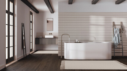 Japandi minimalist bathroom in white and dark tones. Freestanding bathtub and wooden washbasin. Farmhouse interior design