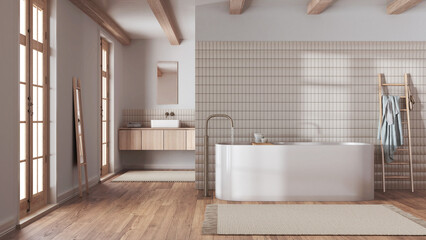 Japandi minimalist bathroom in white and bleached tones. Freestanding bathtub and wooden washbasin. Farmhouse interior design © ArchiVIZ