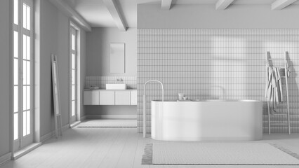 Total white project draft, japandi minimalist bathroom. Freestanding bathtub and wooden washbasin. Farmhouse interior design