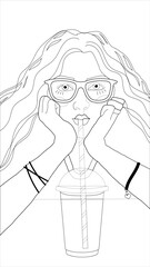 An empty coloring page with an image of a young young girl with wavy hair, who drinks a cocktail from a striped straw