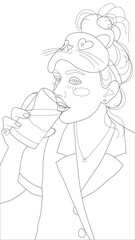 A coloring page with an image of a young girl in a cute sleep mask who drinks water in the morning