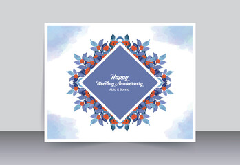 Box frame with violet leaves and red flower wedding anniversary card