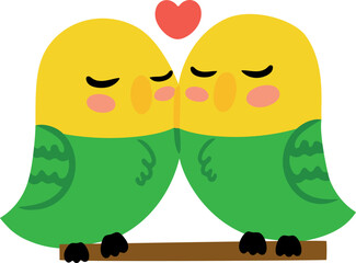 Concept of cute couple of budgies. Vector illustration. Kissing parrots. Flat. Image isolated on white background. Design element