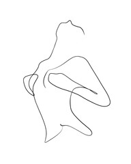 A portrait of a nude woman covering her breasts is drawn in one line art style. Romantic expression. Printable art. 