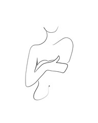 A portrait of a nude woman covering her breasts is drawn in one line art style. Romantic expression. Printable art. 