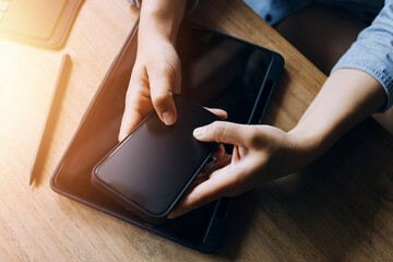 Business team present. professional investor working new start up project. Finance managers meeting.Digital tablet docking screen computer design smart phone using, in morning light
