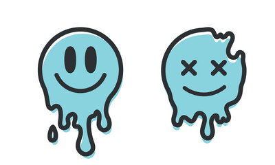Melt smile faces set. Acid rave style. Psychedelic positive emoji. Vector illustration	
