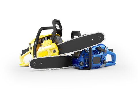 3D illustration of group of professional chainsaws on white background with shadow
