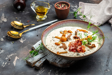 Forest Mushroom Soup. homemade cream of mushroom. banner, menu, recipe place for text, top view