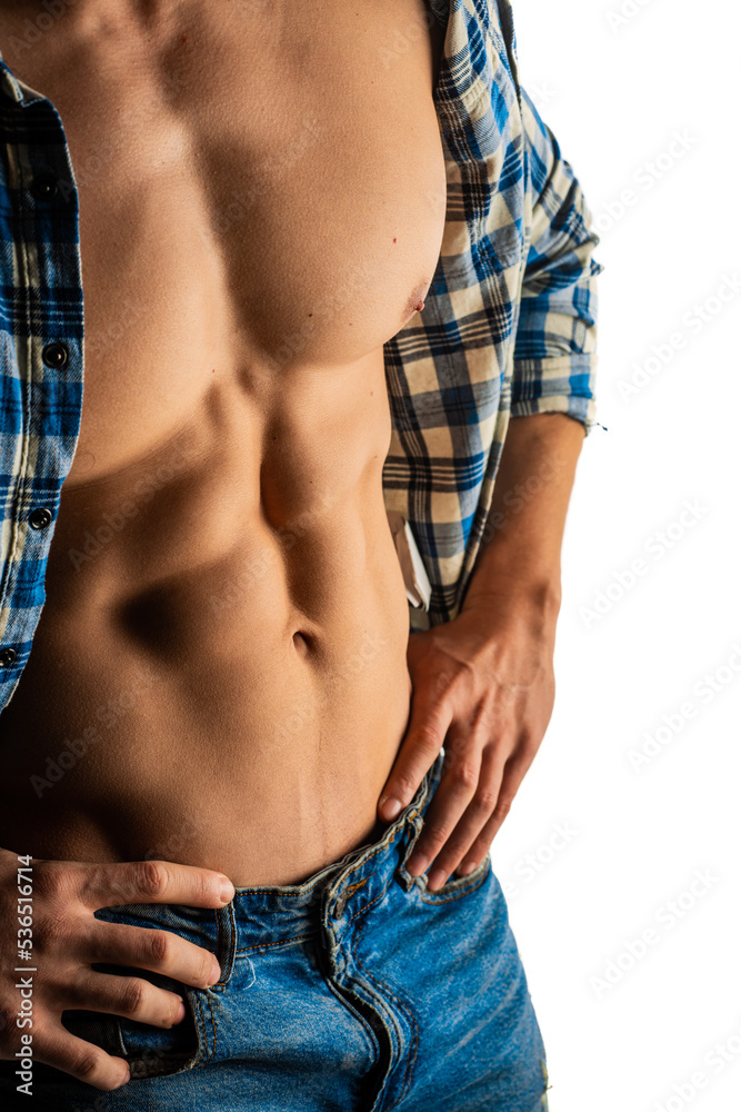 Poster Close up of strong male abs and muscles while he is posing