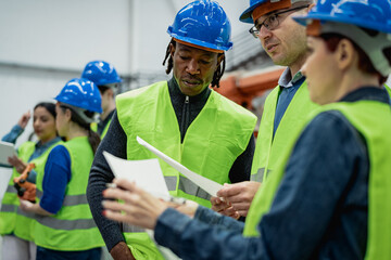 Team of multiracial engineers working in robotic factory - Tech industry concept