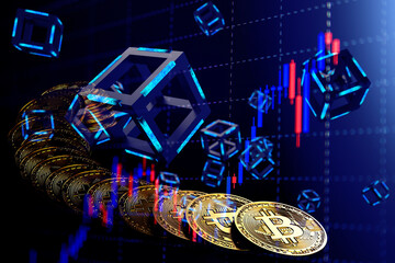 Gold bitcoins with blue illuminated black cubes and candle stick graph chart background. Concept 3D CG of new virtual money, mining or block chain technology and transactions network.