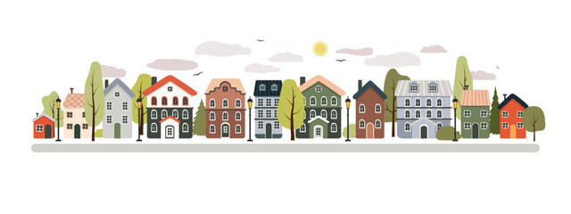 Houses in the old town, city street. Summer sunny day. Multi-colored funny houses, trees, clouds, road. Summer urban landscape. Vector baby illustration.